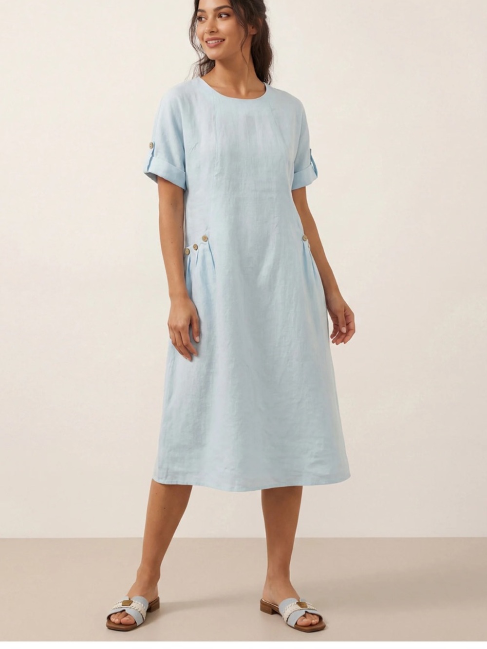 Lintico a line button detail midi dress 100% linen